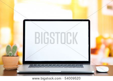 Laptop and cactus in flowerpot on wooden table