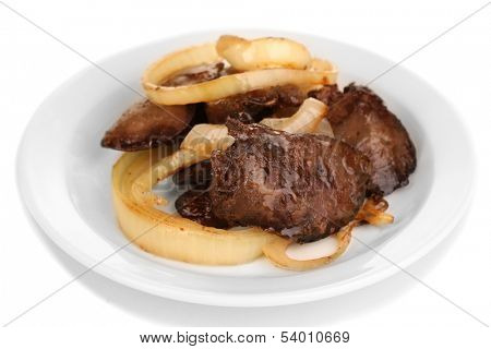Appetizing fried chicken livers on plate isolated on white