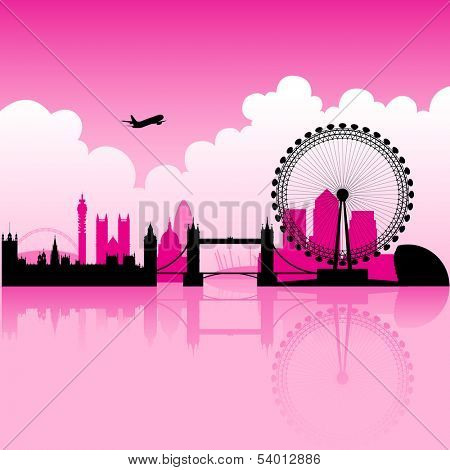 Illustration of London Magenta Skyline and a cloudy background