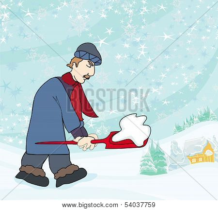 Man Shoveling Snow From Street In Winter