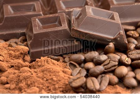 chocolate, cocoa powder and coffee
