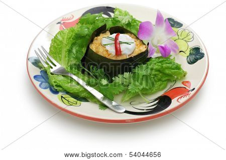 hor mok, thai food, steamed fish curry custard in banana leaf