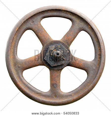 Industrial Valve Wheel And Stem, Weathered Grunge Latch Macro Closeup Isolated