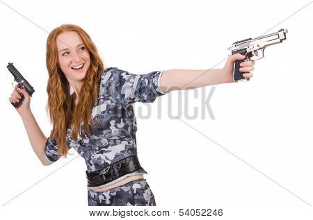 Young woman soldier with gun on white