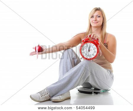 Time For Diet Slimming. Large Girl With Scale.