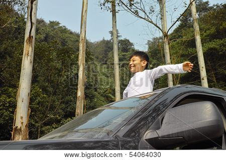 Happy Boy Travel In Car