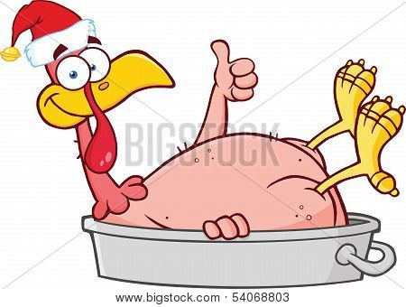 Smiling Turkey Bird With Santa Hat In The Pan Giving A Thumb Up