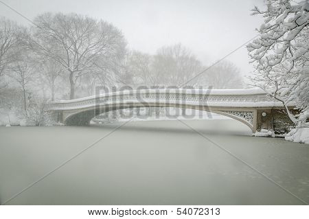 Bow Bridge Covered In Snow, Central Park, Nyc