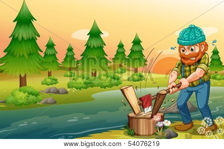 Illustration of a man chopping woods at the riverbank