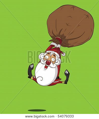 Cartoon Santa flying on gift balloon