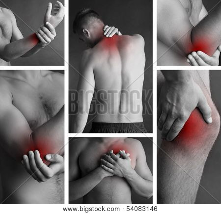 Collage representing man having pain at several part of body