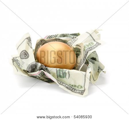 A goled egg on a pile of dollars