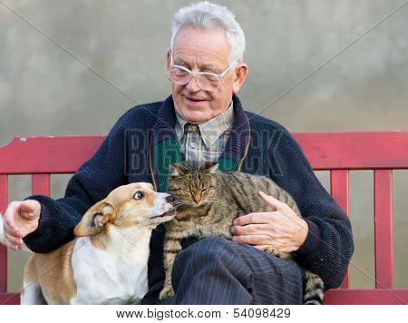 Old man with his pets