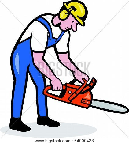 Lumberjack Arborist Operating Chainsaw Cartoon