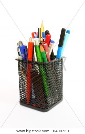 Pencil Cup Filled With Colorful Used Pens And Pencils