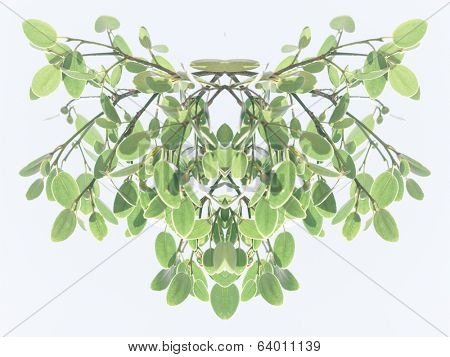 Symmetrical decorative foliate pattern of fresh green leaves on hanging branches with a faded toned effect on a light grey background