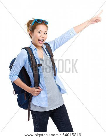 Female tourist with hand pointing up