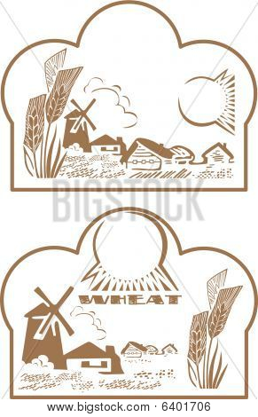 Etichetta grano e paesaggio