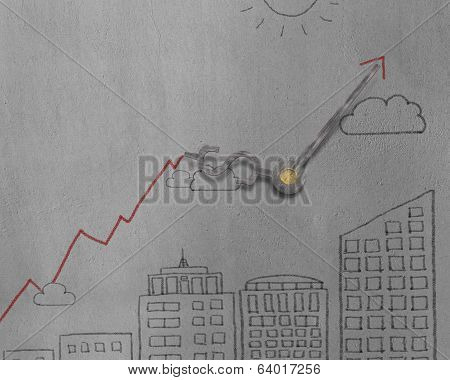 Clock With Building And Growing Arrow Doodles  On Wall