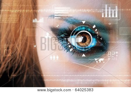 Future woman with cyber technology eye panel concept
