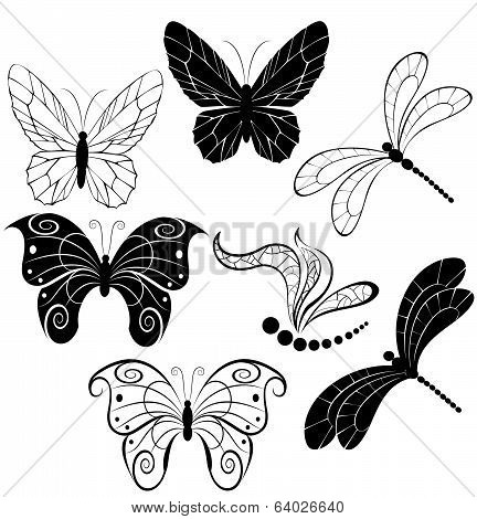 Silhouettes Of Butterflies And Dragonflies