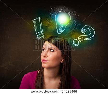 Young preety teenager with hand drawn light bulb illustration