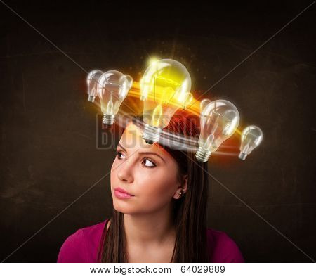 Preety woman with light bulbs circleing around her head 