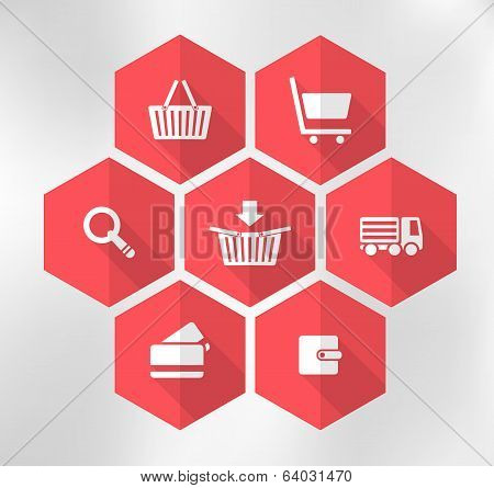 Red Exagonal Icons For E-shop, Suitable For Flat Design