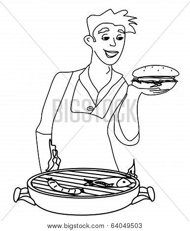 Man Cooking On His Barbecue - Funny Doodle Illustration