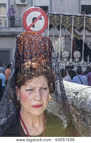 Woman Dressed In Mantilla During A Procession Of Holy Week, Spain
