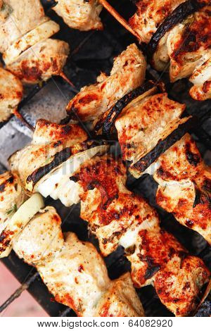 healthy shish kebab - ready grill barbecue chicken turkish meat on skewers over charcoal brazier outdoor