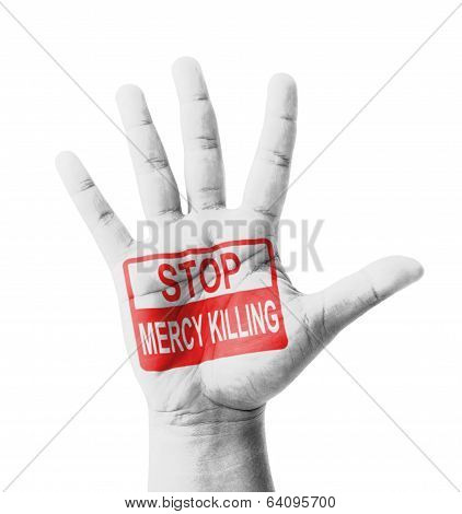 Open Hand Raised, Stop Mercy Killing Sign Painted, Multi Purpose Concept - Isolated On White Backgro