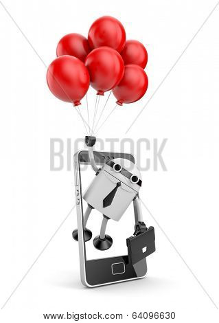 Robot fly away from the mobile phone. Symbolism