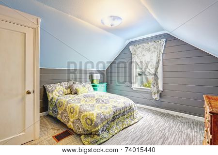 Bedroom With Vaulted Ceiling And Plank Paneled Walls