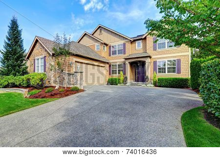 Luxury House Exterior With Purple Elements. Impressive Curb Appeal