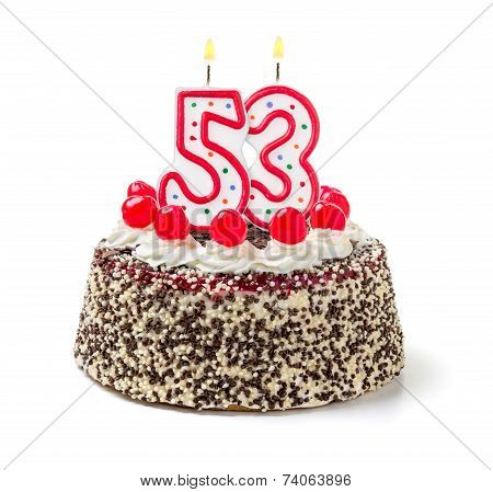 Birthday cake with burning candle number 53