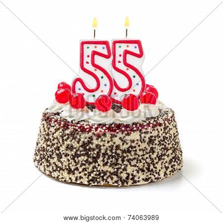 Birthday cake with burning candle number 55