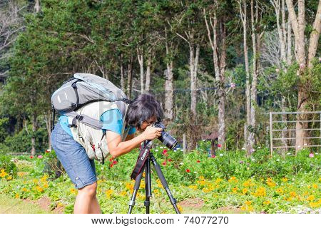 Photographer in flowerbed garden