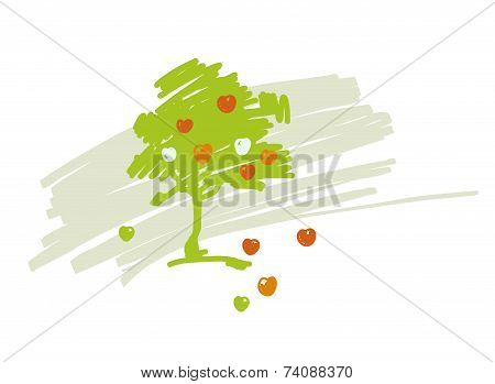 Vector Stylized Drawing Of Apple Tree With Ripe Fruits