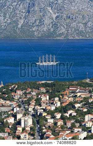 Sailing Ship In The Bay Of Kotor View From Above. Montenegro