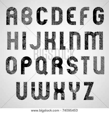Grunge white and black rubbed upper case letters, decorative font.