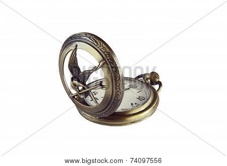 Pocket Watch With An Open Cover On A White Background.
