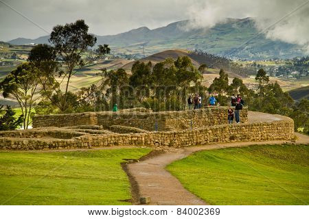 Unidentified tourists visiting Ingapirca, important Inca ruins in Ecuador