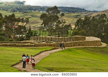 Unidentified tourists visiting Ingapirca, important Inca ruins in Ecuador
