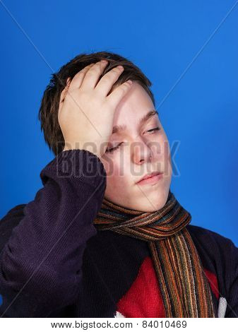 Caucasian Ill Boy Dressed With Neckscarf