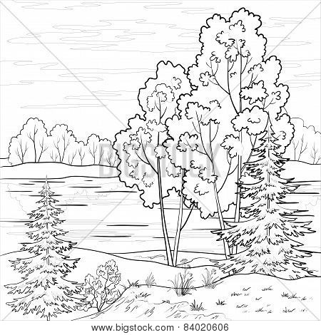 Landscape. Forest river, outline