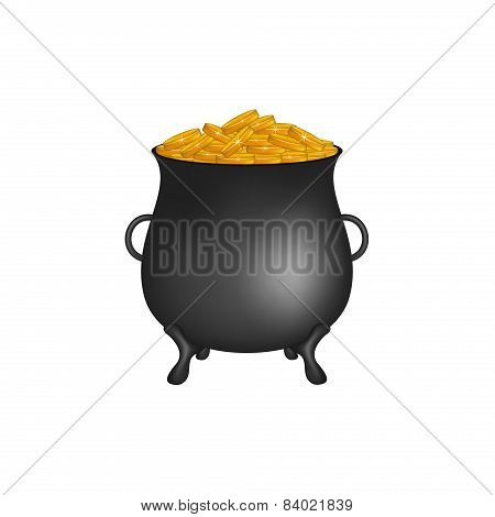 Black pot with golden money coins