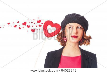 Beautiful Girl With Toy Heart And Abstract Hearts Around
