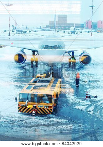 Aircraft Tractor Towing An Airplane