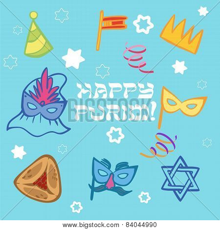 Funny Happy Purim Icon Set. Vector Illustration